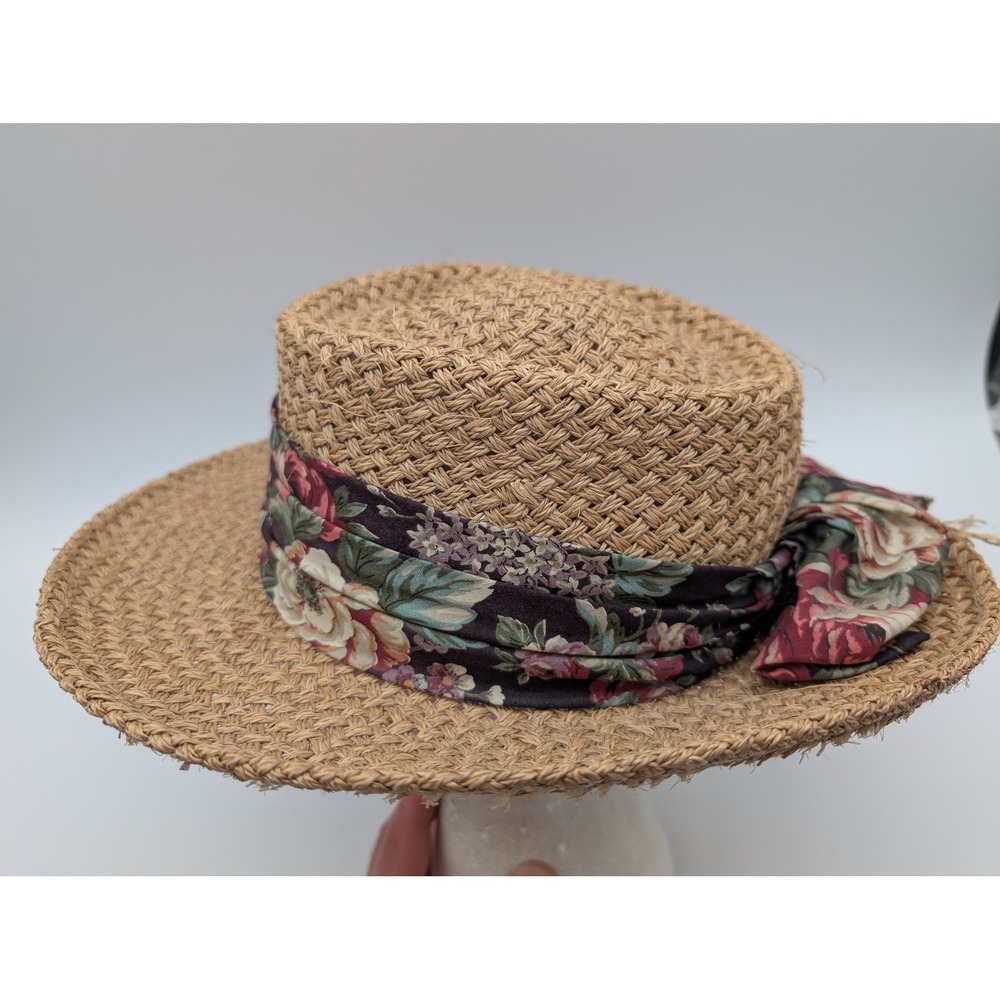 Summer Rules Woven Straw Boater Hat Floral Scarf Band Bow Tan Brown